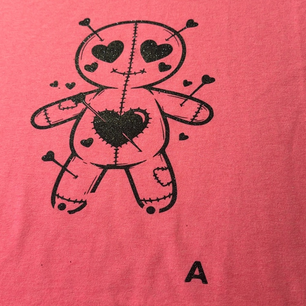 Pink T-Shirt with Black Glitter Voodoo Doll Heart Design, Crew Neck, SIZE L